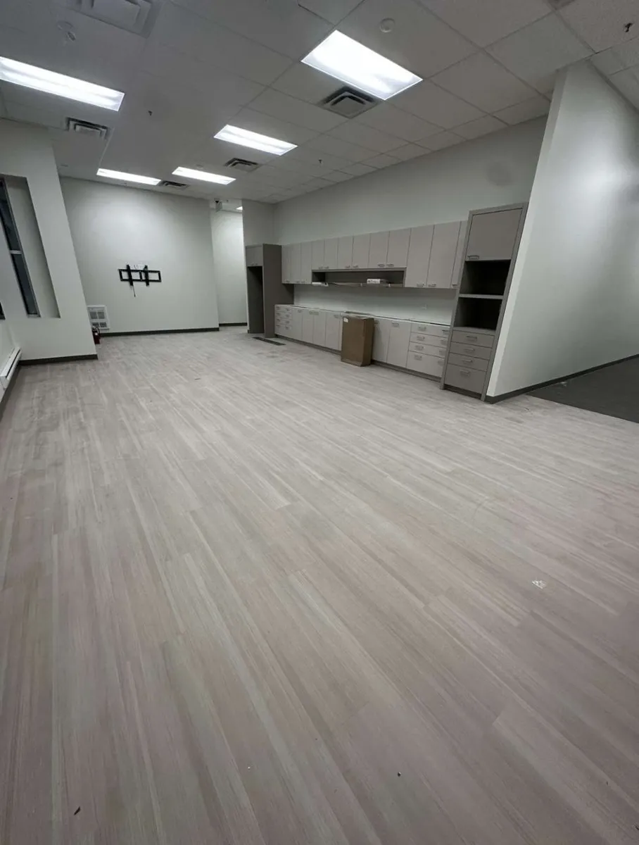 Wood-look plank flooring across a large open commercial office space